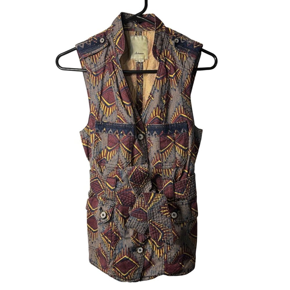 Anthropologie Elevenses Safari Vest Womens XS Geometric Linen Blend Tribal Aztec